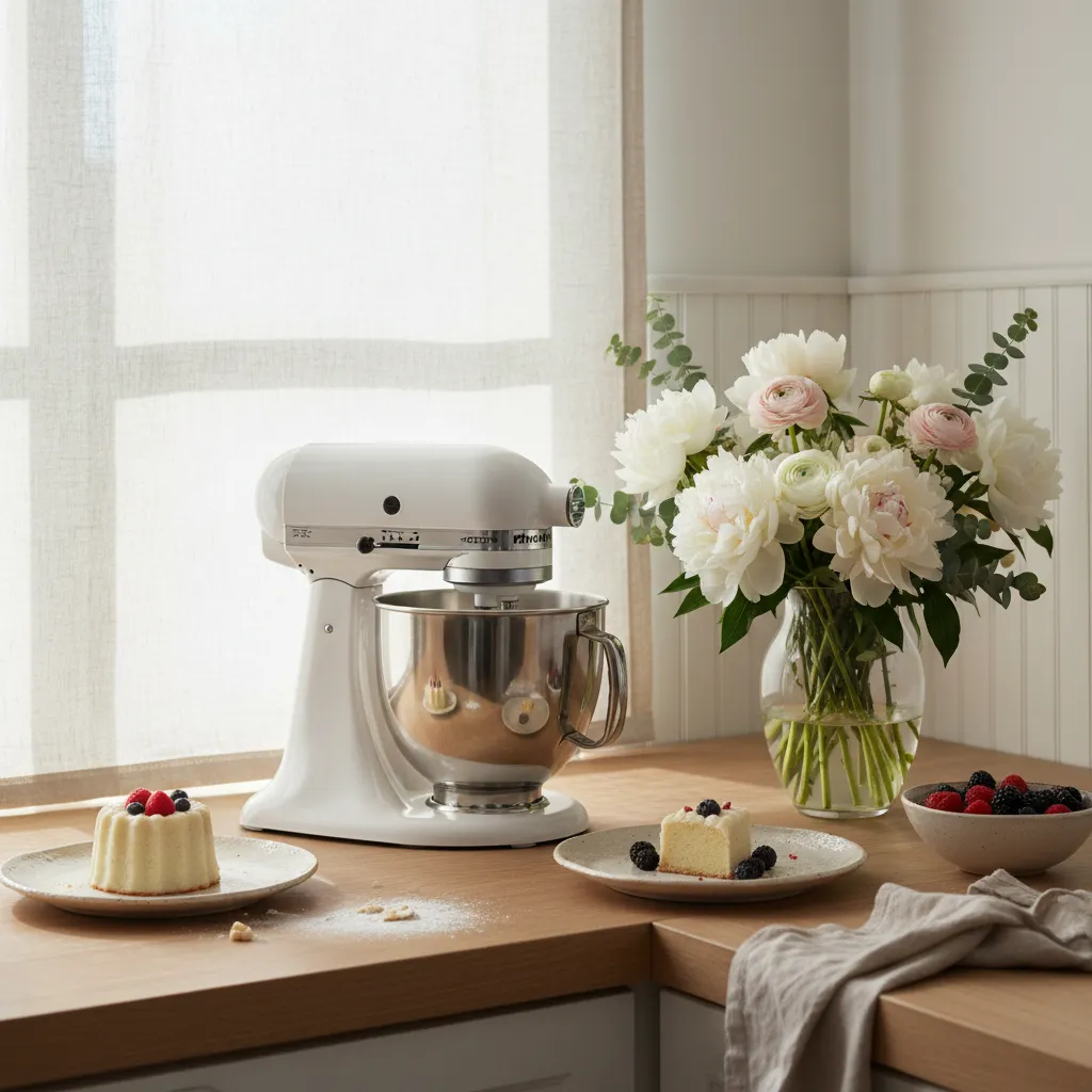 Artisanal stand mixer blending mascarpone cream in a sunlit kitchen corner