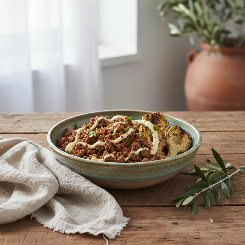 Ceramic bowl featuring spiced ground beef and artichoke hearts with lemon tahini sauce on a rustic wooden table