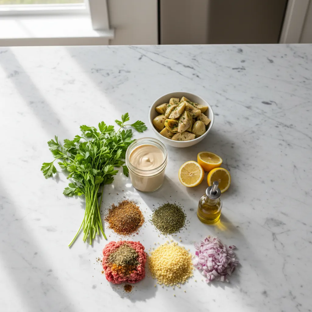 Knolling style photography of artichokes lemons and tahini on a white marble kitchen island