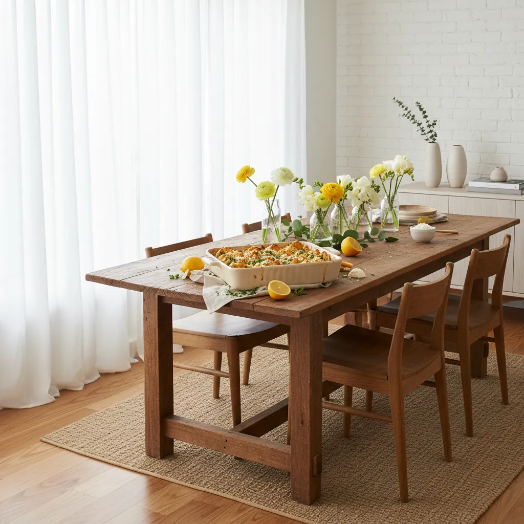 Ceramic baking dish featuring lemon and ricotta stuffed shells on a wooden dining table