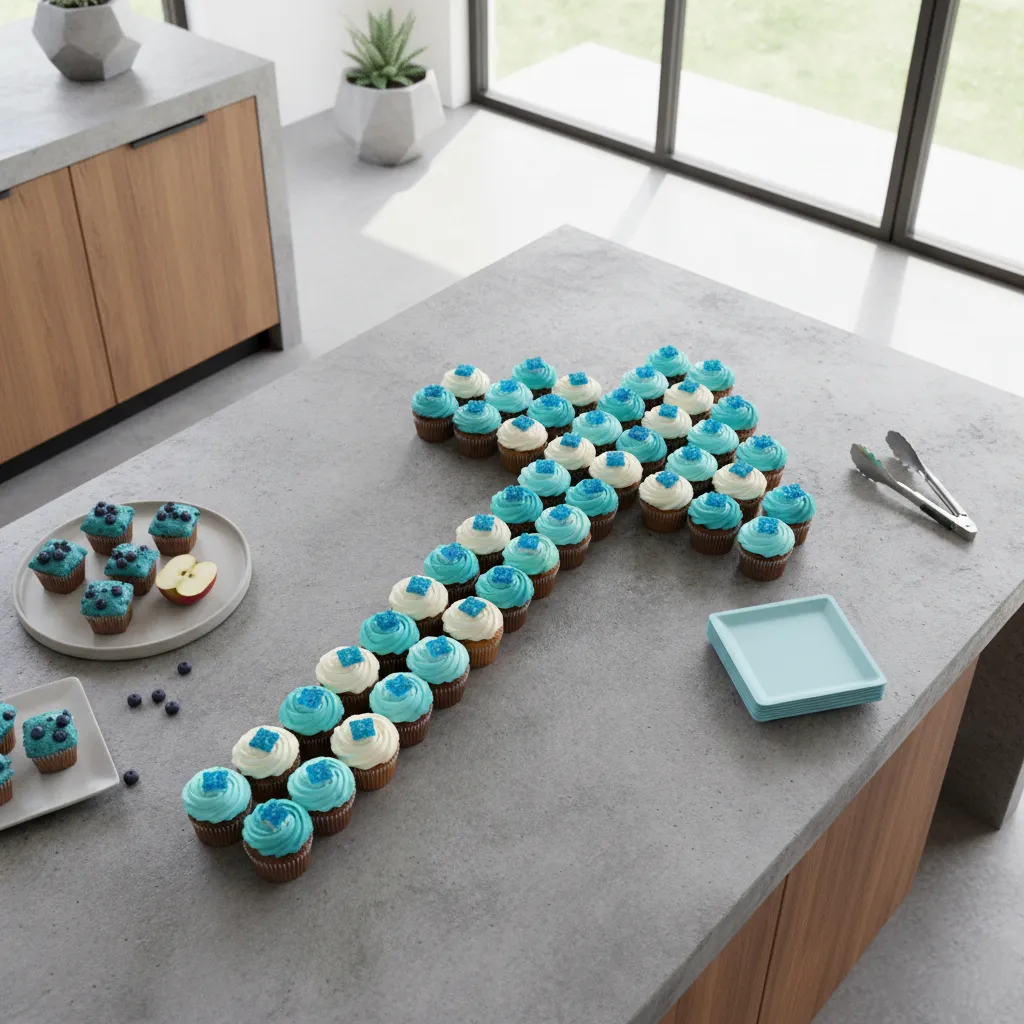 Overhead view of cupcake arrangement on a kitchen island
