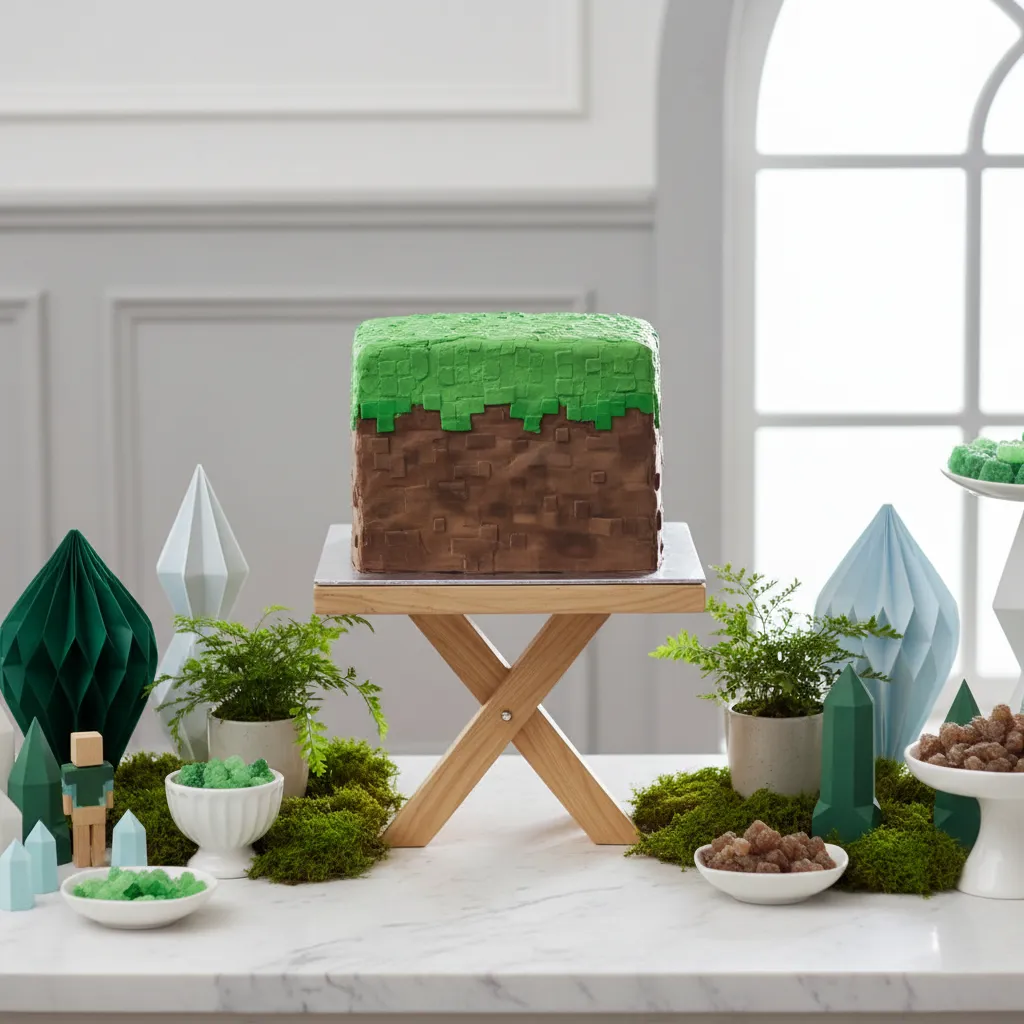 Styled dessert table with a square Minecraft cake