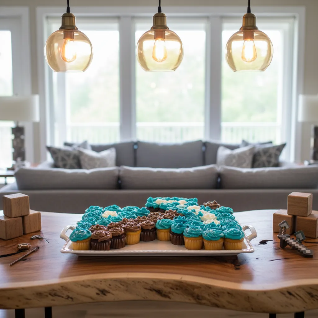 Diamond pickaxe pull-apart cupcake cake arranged on a wooden table