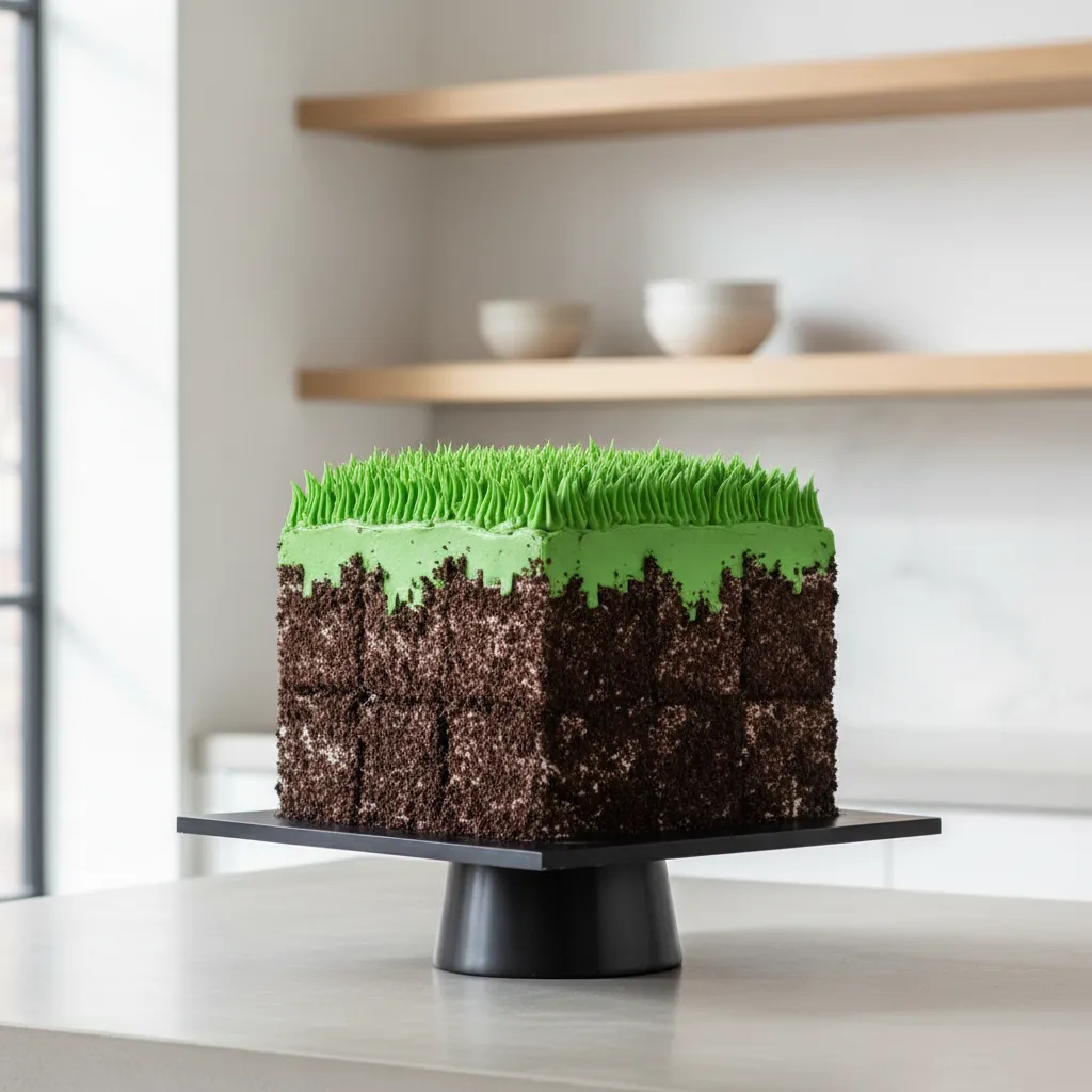 A professionally decorated square Minecraft grass block cake for boys birthdays featuring textured buttercream grass and chocolate crumb sides.