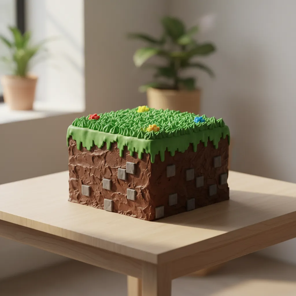Square grass block cake on a wooden dessert table
