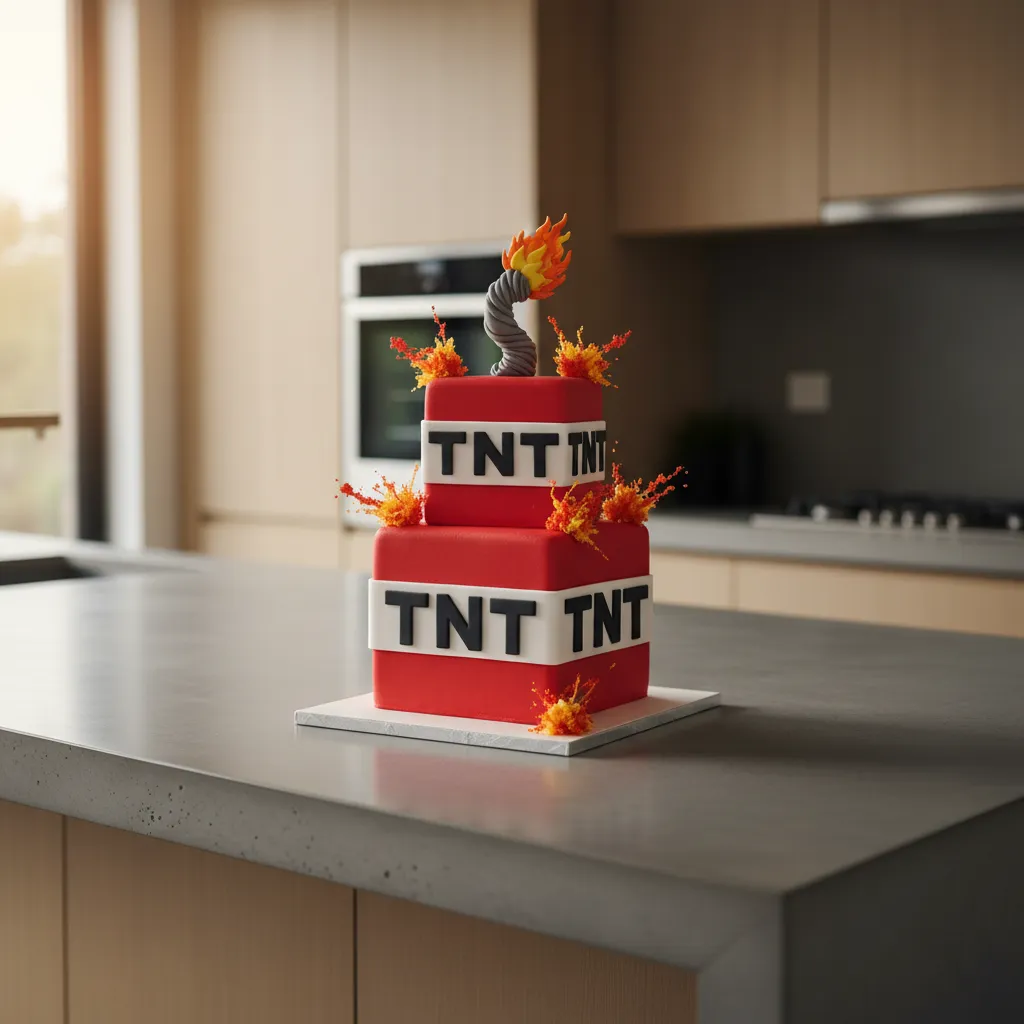 Multi-tiered red Minecraft TNT cake on a concrete kitchen island