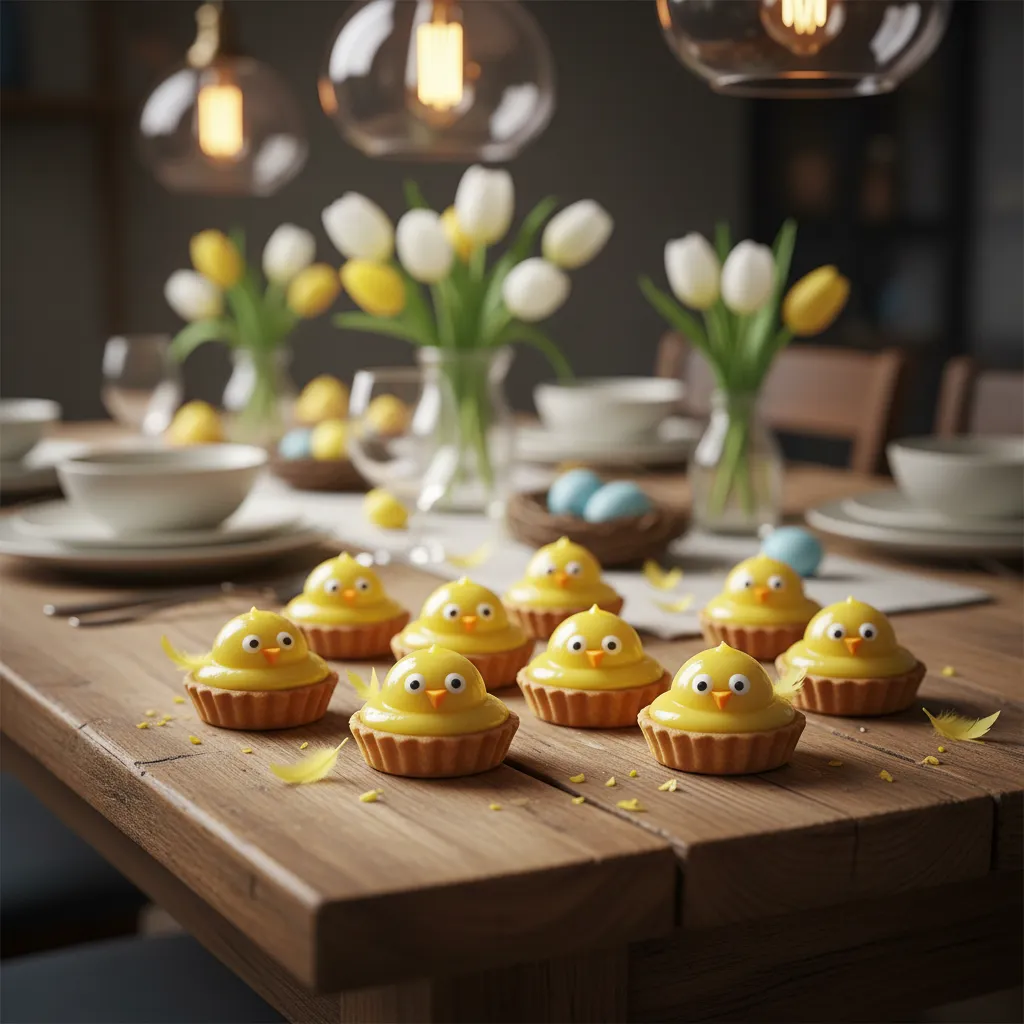 Mini lemon curd chick tartlets on a rustic wooden table with spring decor