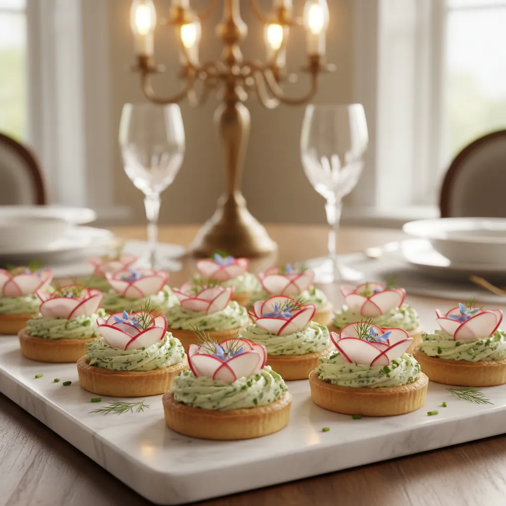 Mini radish and herbed butter tartlets on a marble serving tray