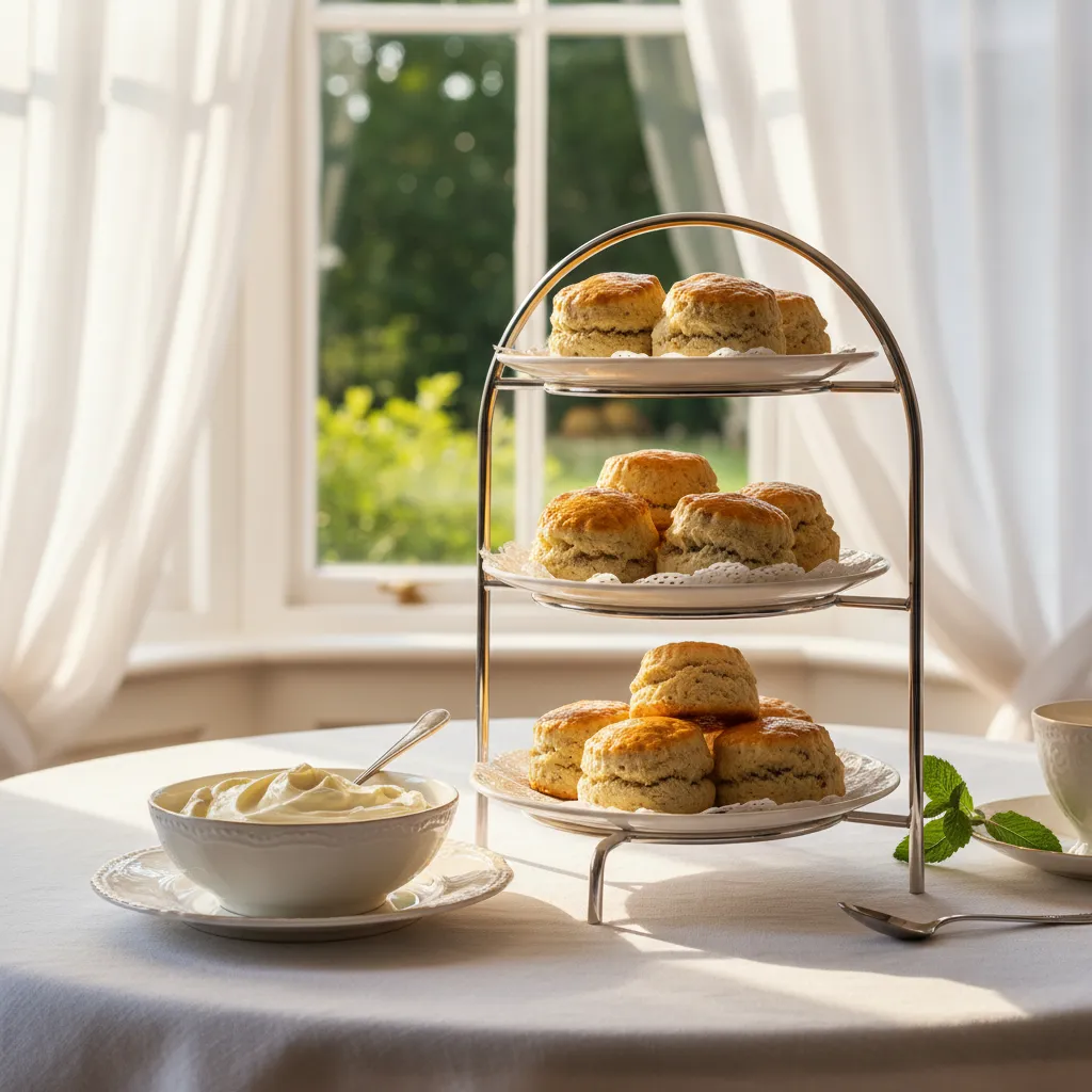 Miniature Earl Grey scones displayed on a silver tiered stand with clotted cream