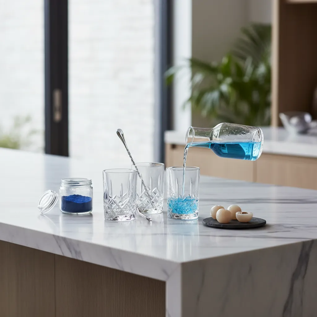Sleek marble kitchen island with crystal glasses and blue spirulina.