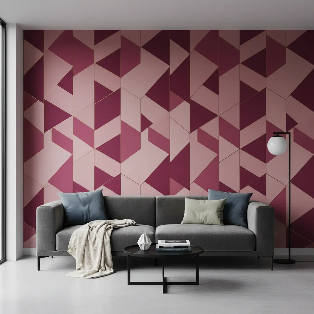 Low profile grey sofa positioned against geometric magenta wallpaper