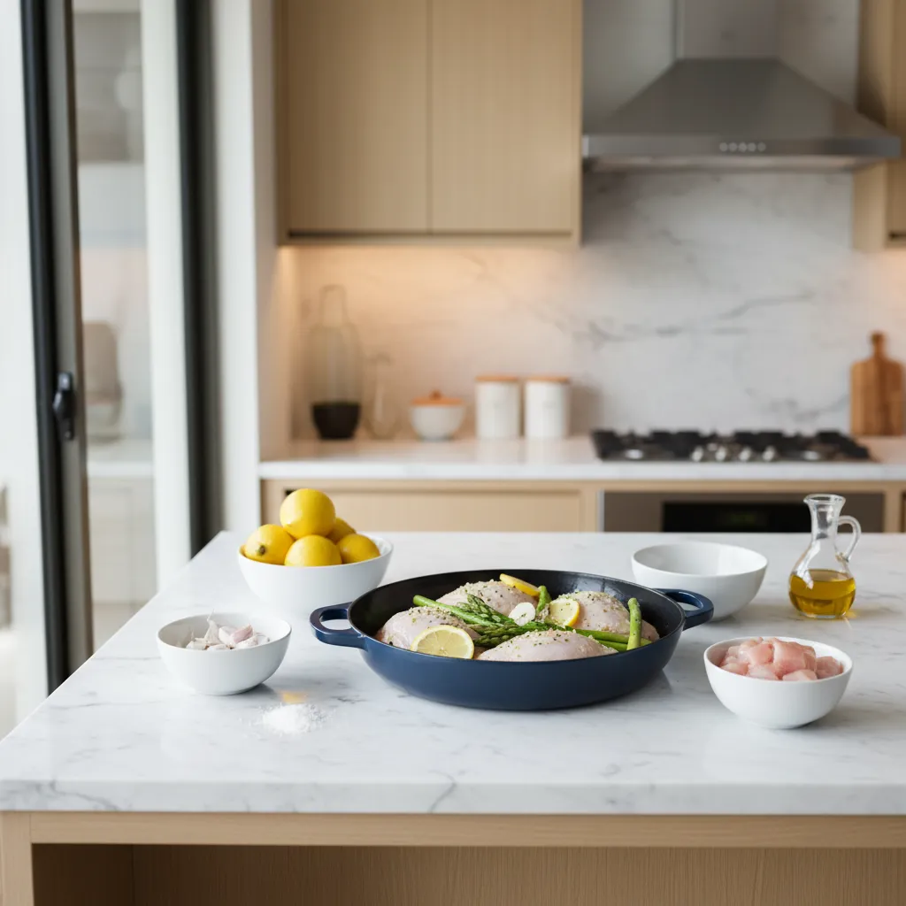 Organized ingredients on a marble kitchen counter