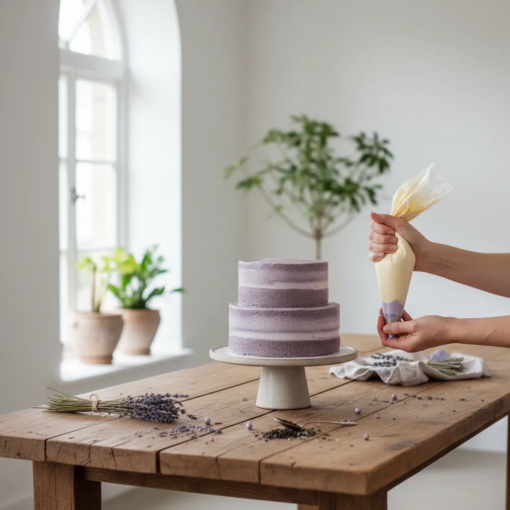 Lavender frosting piping bag and dried botanicals on a wooden table