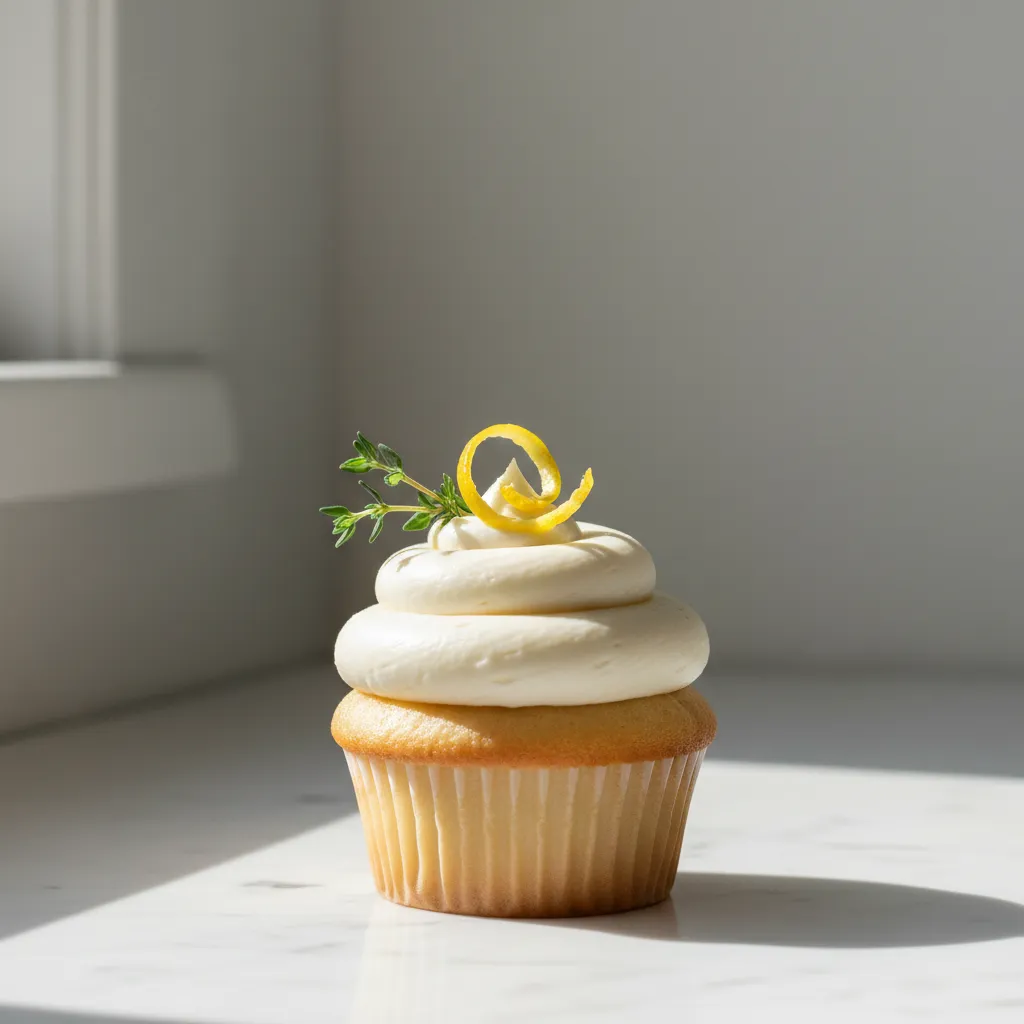 Minimalist cupcake decoration with lemon twist and fresh thyme on white frosting