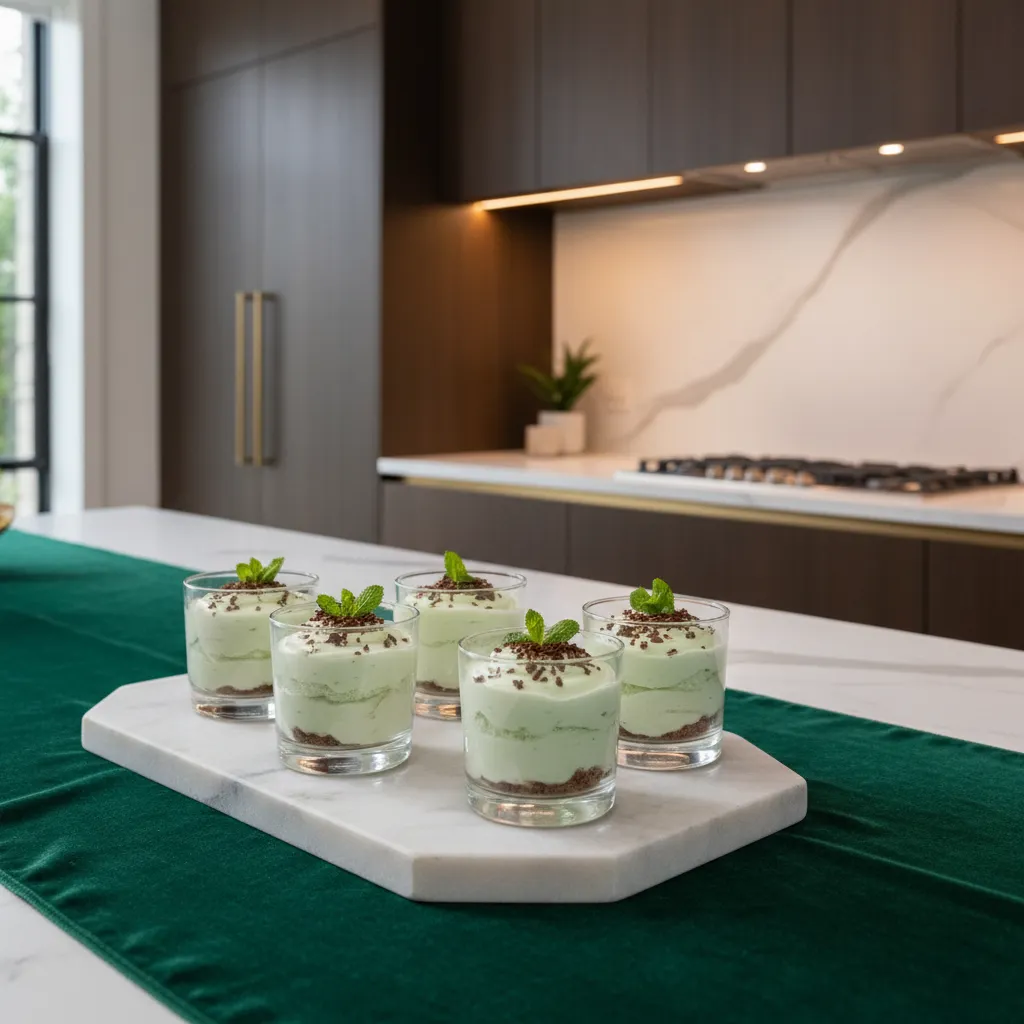 Elegant individual green dessert cups on a modern kitchen island