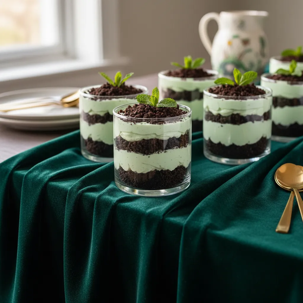 Textural contrast of mint cheesecake and chocolate cookie crumbs