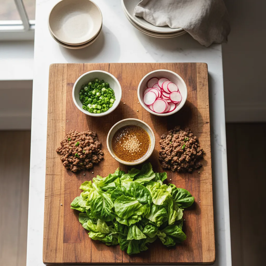 Wooden board with bowls of vinaigrette and radish slices arranged for lettuce wrap assembly