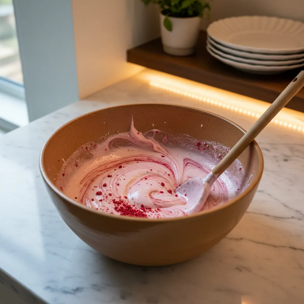 Ceramic mixing bowl with pink strawberry batter on a marble kitchen counter