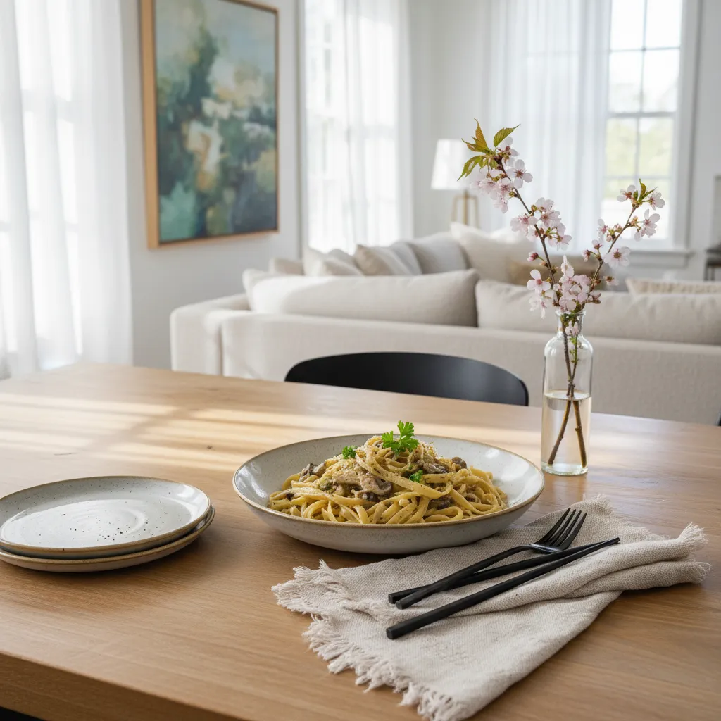 Matte black cutlery and woven linen napkins arranged on a wooden table