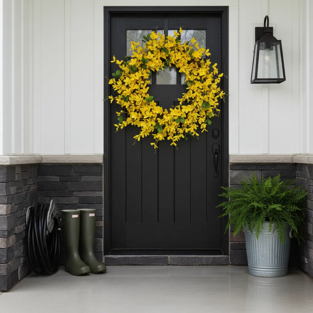 Yellow forsythia wreath on farmhouse door with rain boots on porch