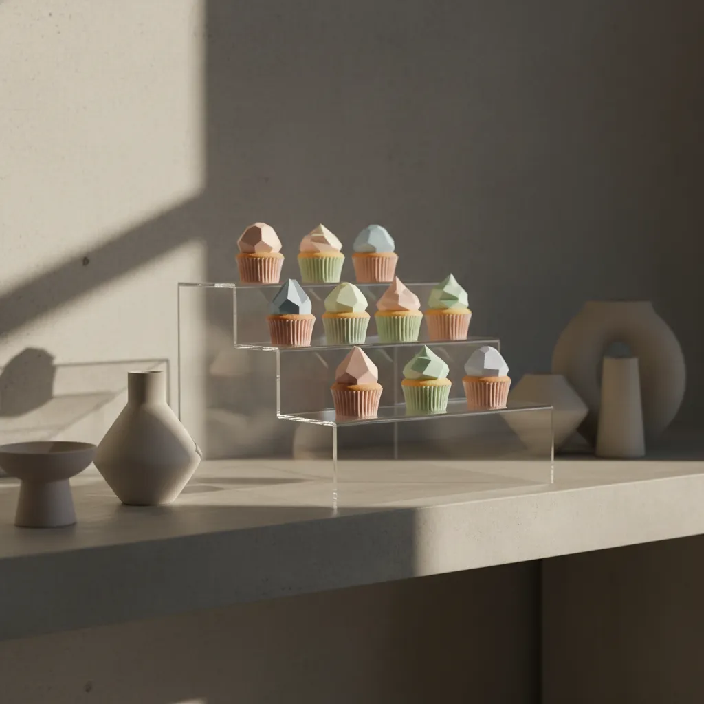 Modern geometric buttercream cupcakes displayed on a sleek acrylic stand