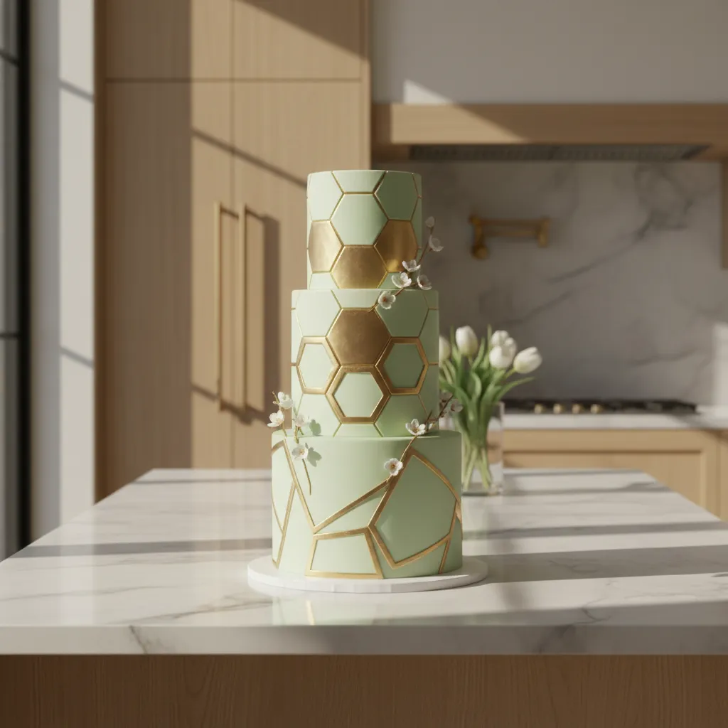 Sleek geometric fondant cake with modern hexagonal patterns in a bright kitchen
