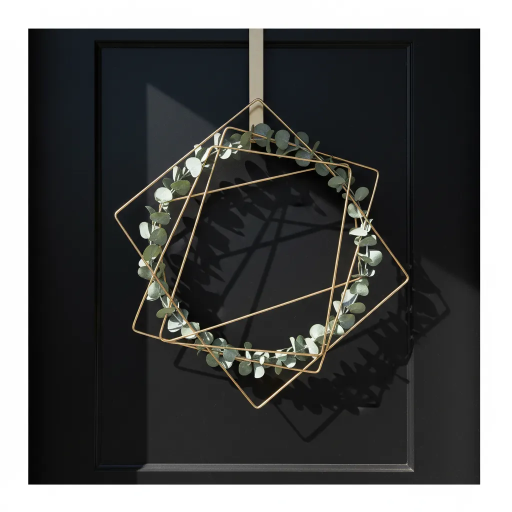 Gold geometric wire spring wreath with eucalyptus on a modern front door