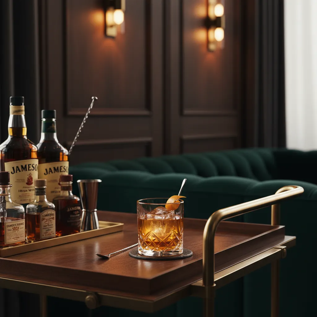 Elegant Jameson Old Fashioned cocktail on a dark wood bar cart with warm lighting