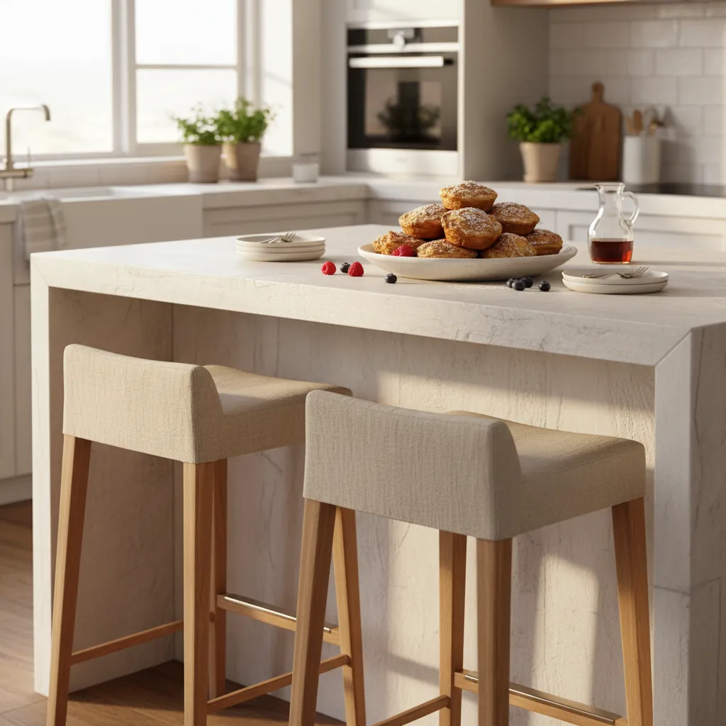 Modern sunlit kitchen featuring baked pancake muffins on a rustic oak island