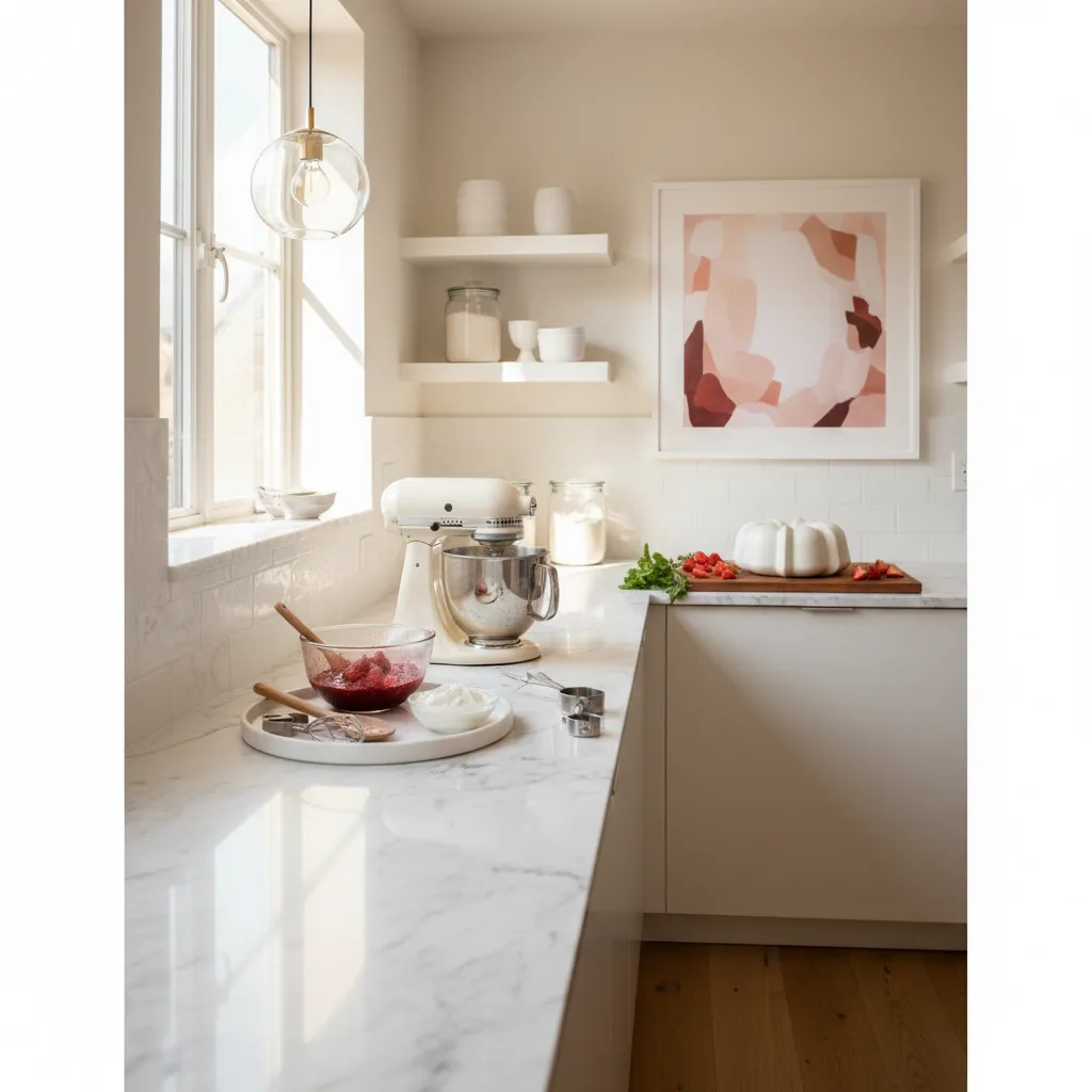 Modern marble kitchen countertop with warm ambient lighting for baking