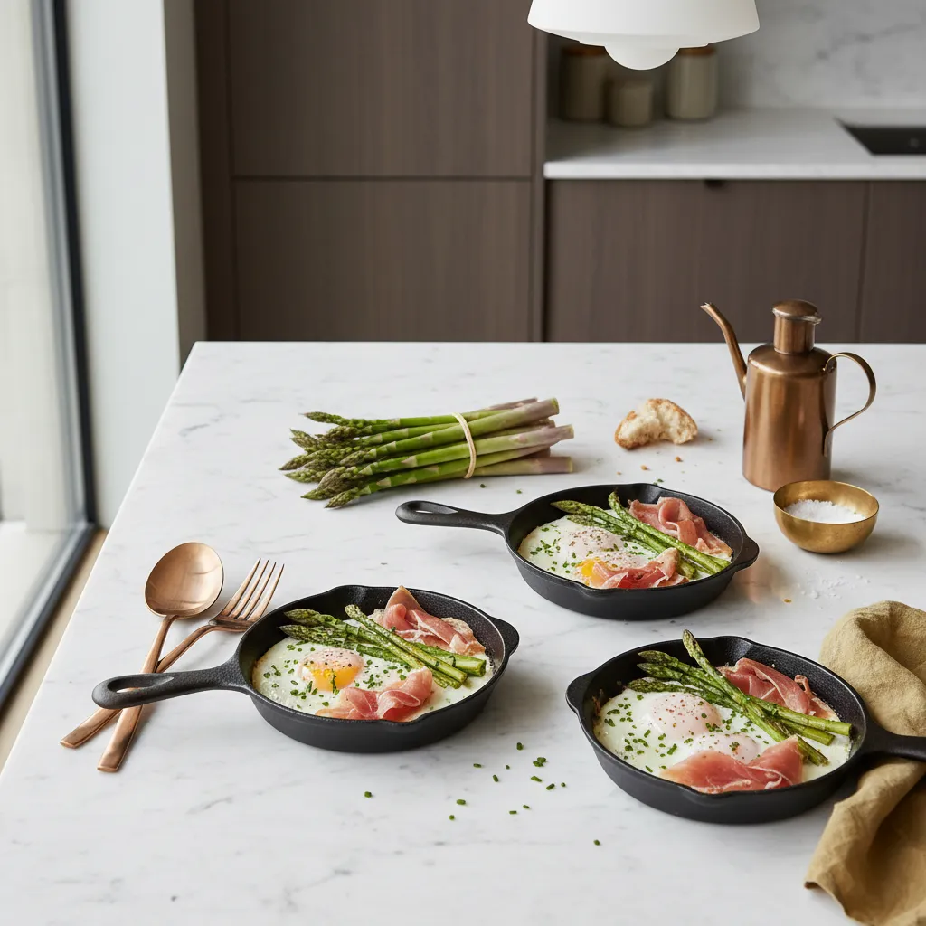 Miniature cast iron skillets arranged on a modern kitchen counter with fresh asparagus