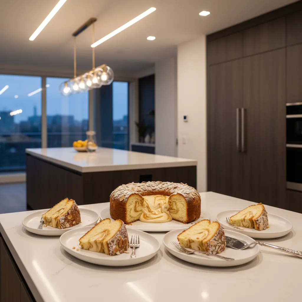Modern open kitchen styled with ceramic plates for a King Cake serving station