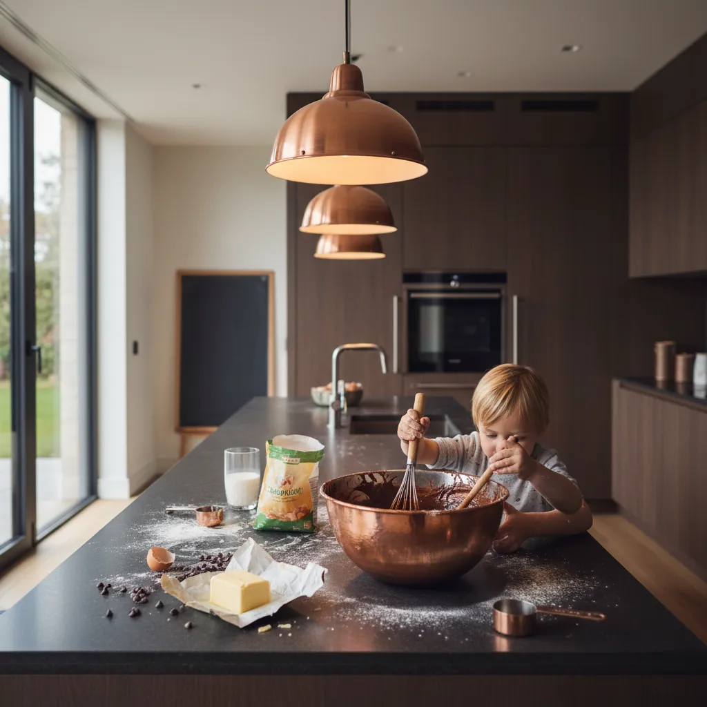 Spacious modern kitchen with dark countertops ideal for baking