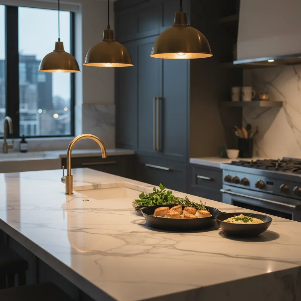 Sleek modern kitchen island prepared for cooking keto garlic butter scallops