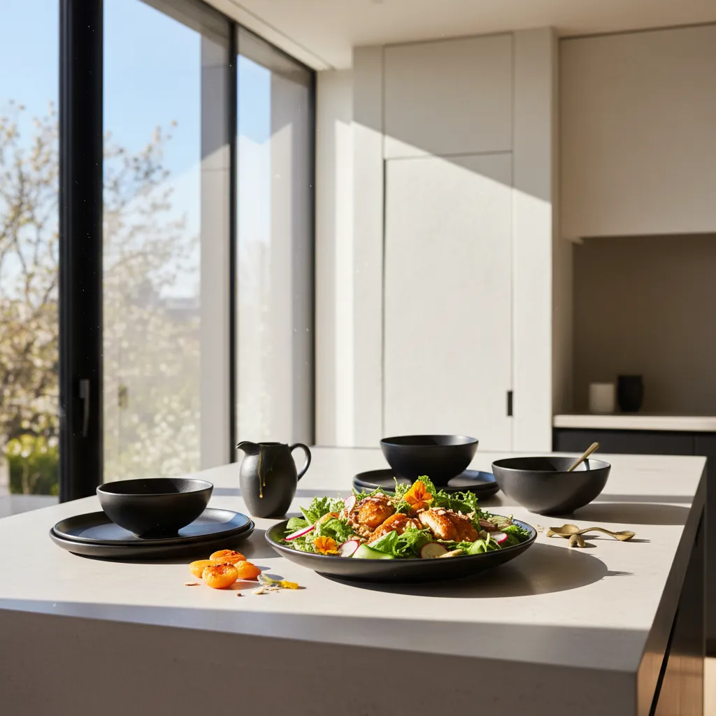 A fresh apricot chicken salad displayed on a modern minimalist kitchen island