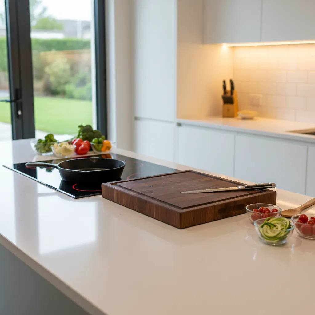Clean white quartz kitchen island with walnut cutting board and cast iron skillet