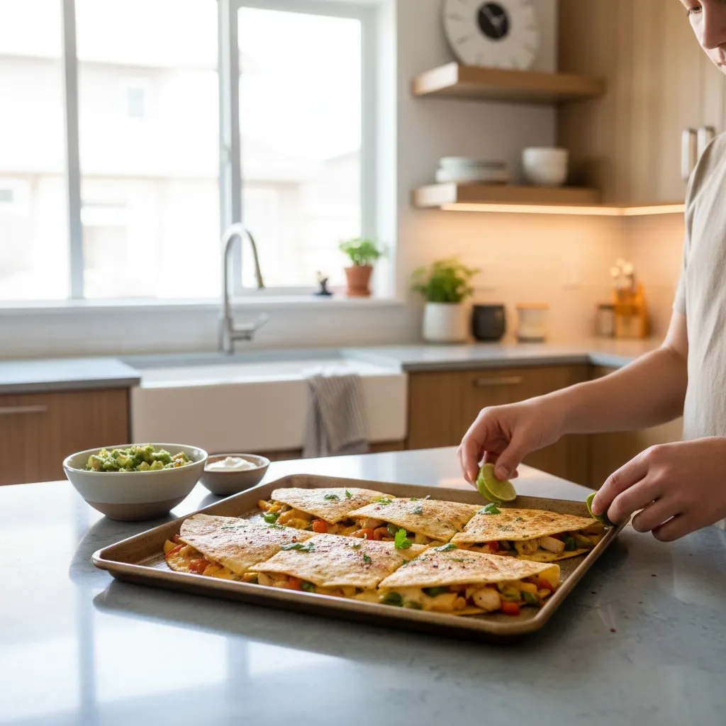 Golden sheet pan quesadillas on a sleek quartz kitchen countertop bathed in natural light