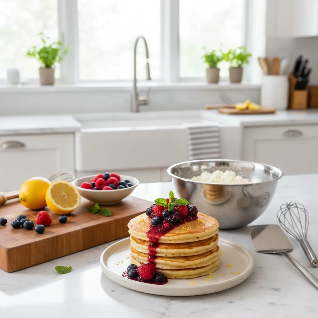 Bright modern kitchen workstation with marble counters and fresh lemons