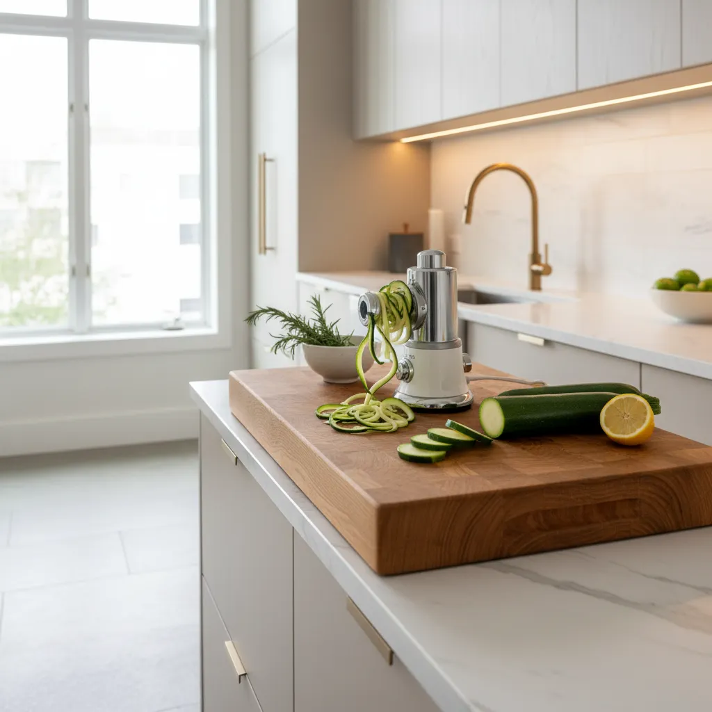 Elegant oak cutting board with fresh zucchini and spiralizer in modern kitchen