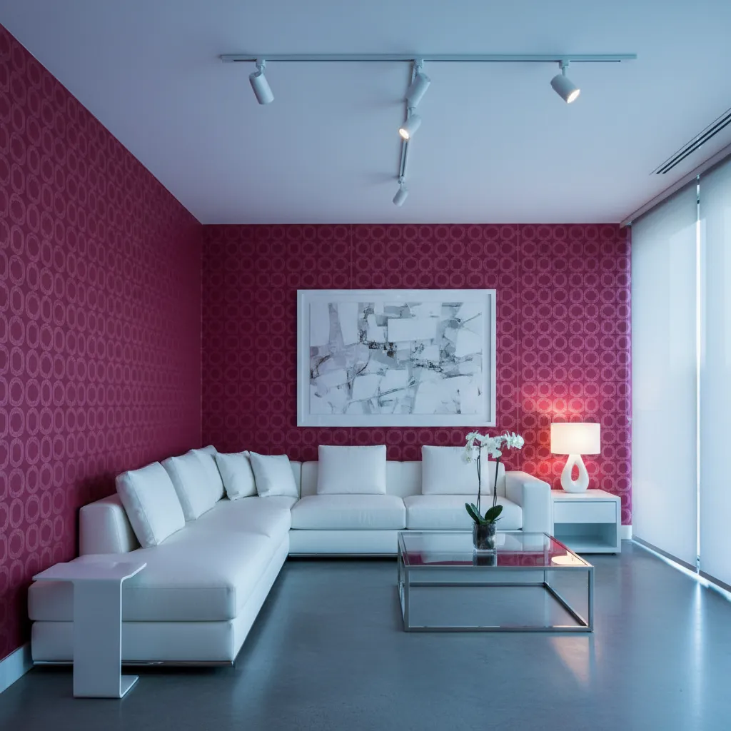 Modern living room with bold magenta wallpaper and minimalist white furniture