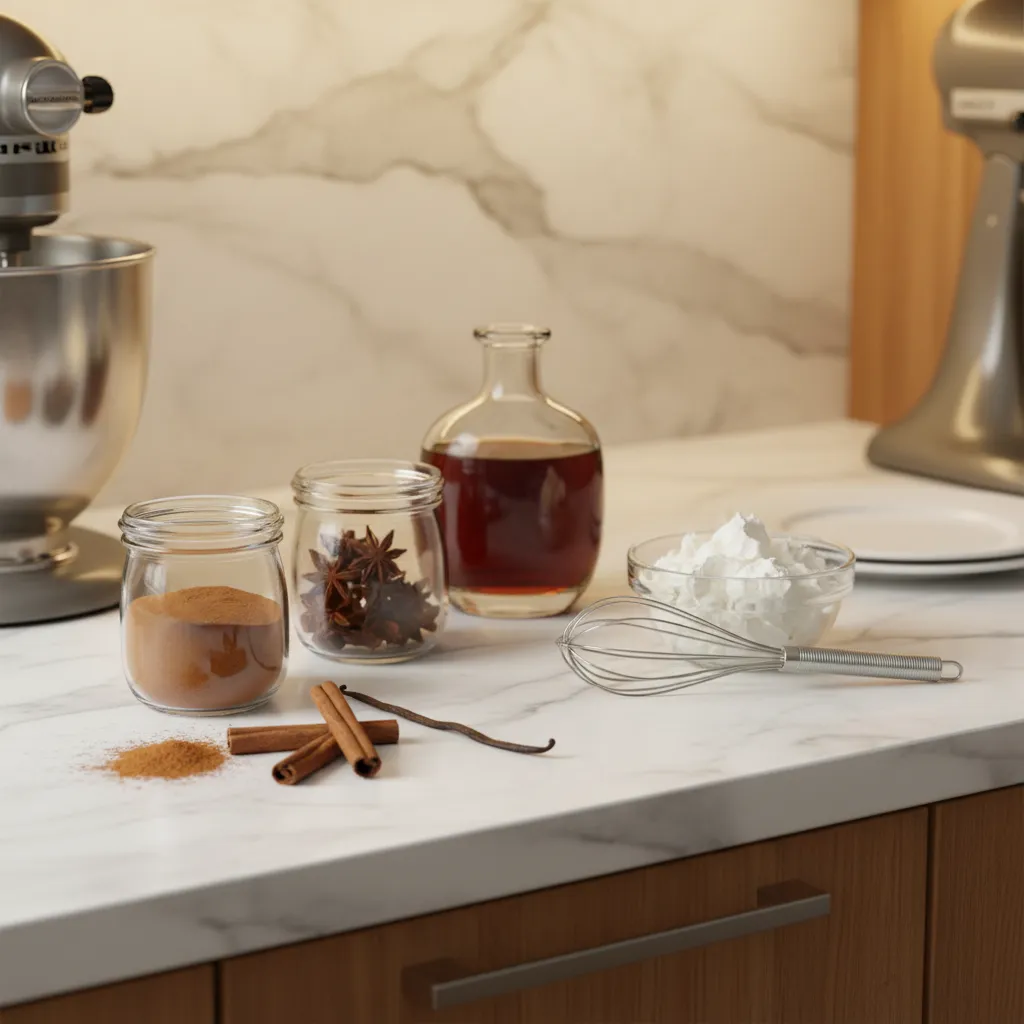 Sleek marble kitchen counter with spices and whisk under warm lighting