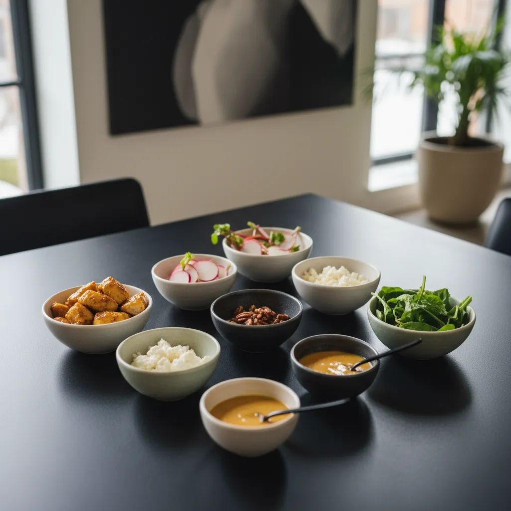 Ceramic bowls holding organized salad ingredients on a matte black table