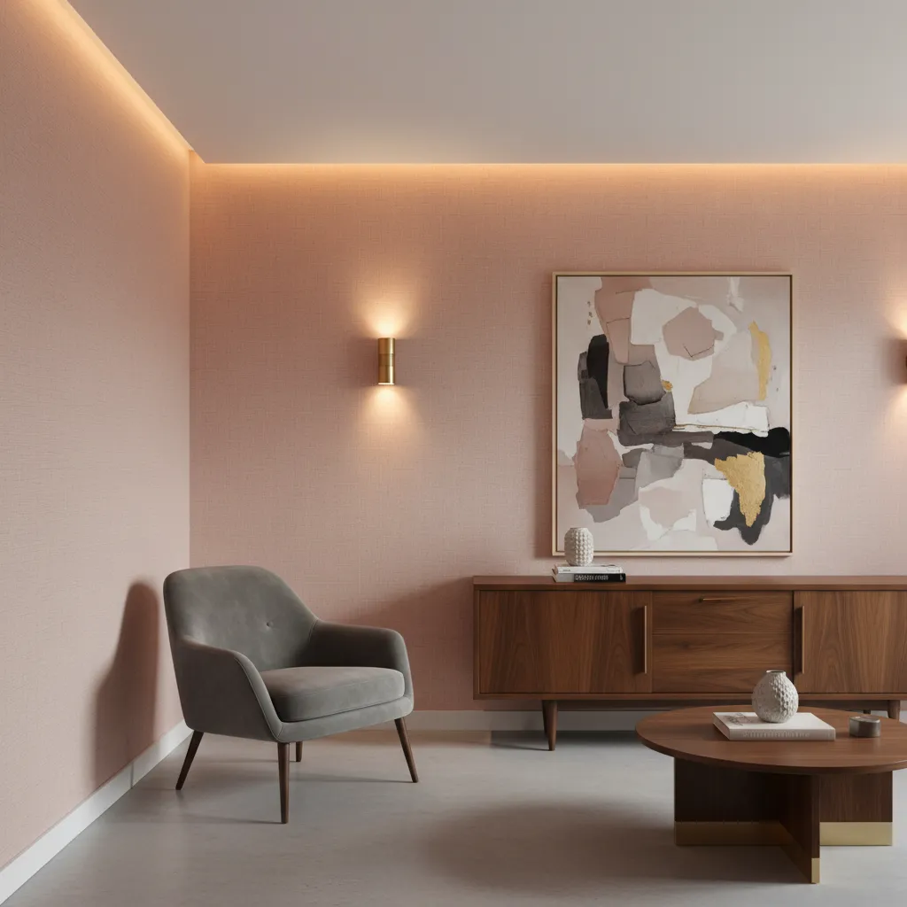 Elegant blush pink wallpaper styled with walnut wood furniture and warm brass lighting fixtures in a modern living room.
