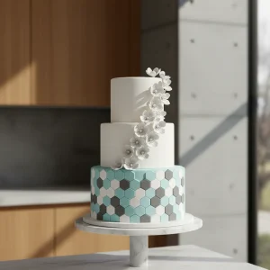 Three-tiered modern spring cake featuring geometric fondant patterns and 3D floral appliques.