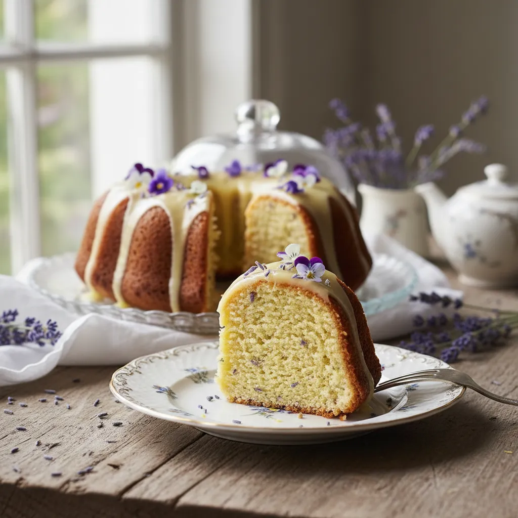 Close up of lemon bundt cake slice showing velvet crumb texture