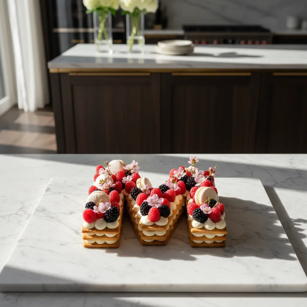 M-shaped biscuit tart cake topped with fresh fruit and flowers on marble