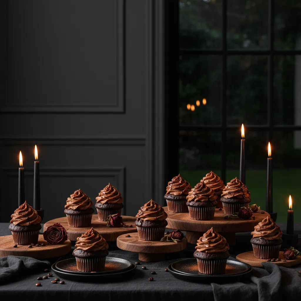 Dark chocolate and espresso birthday cupcakes on a moody wooden table setting