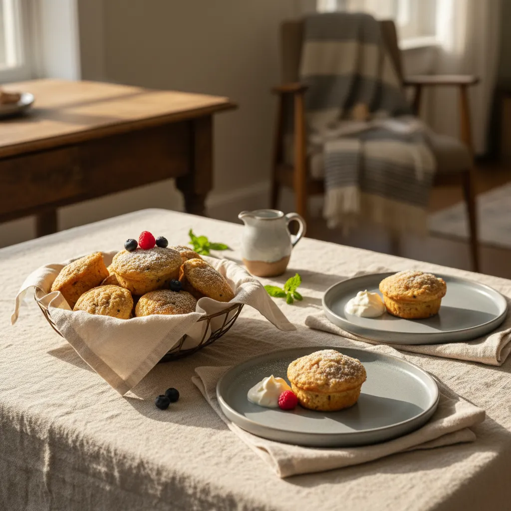 Styled breakfast table with linen napkins and ceramic plates