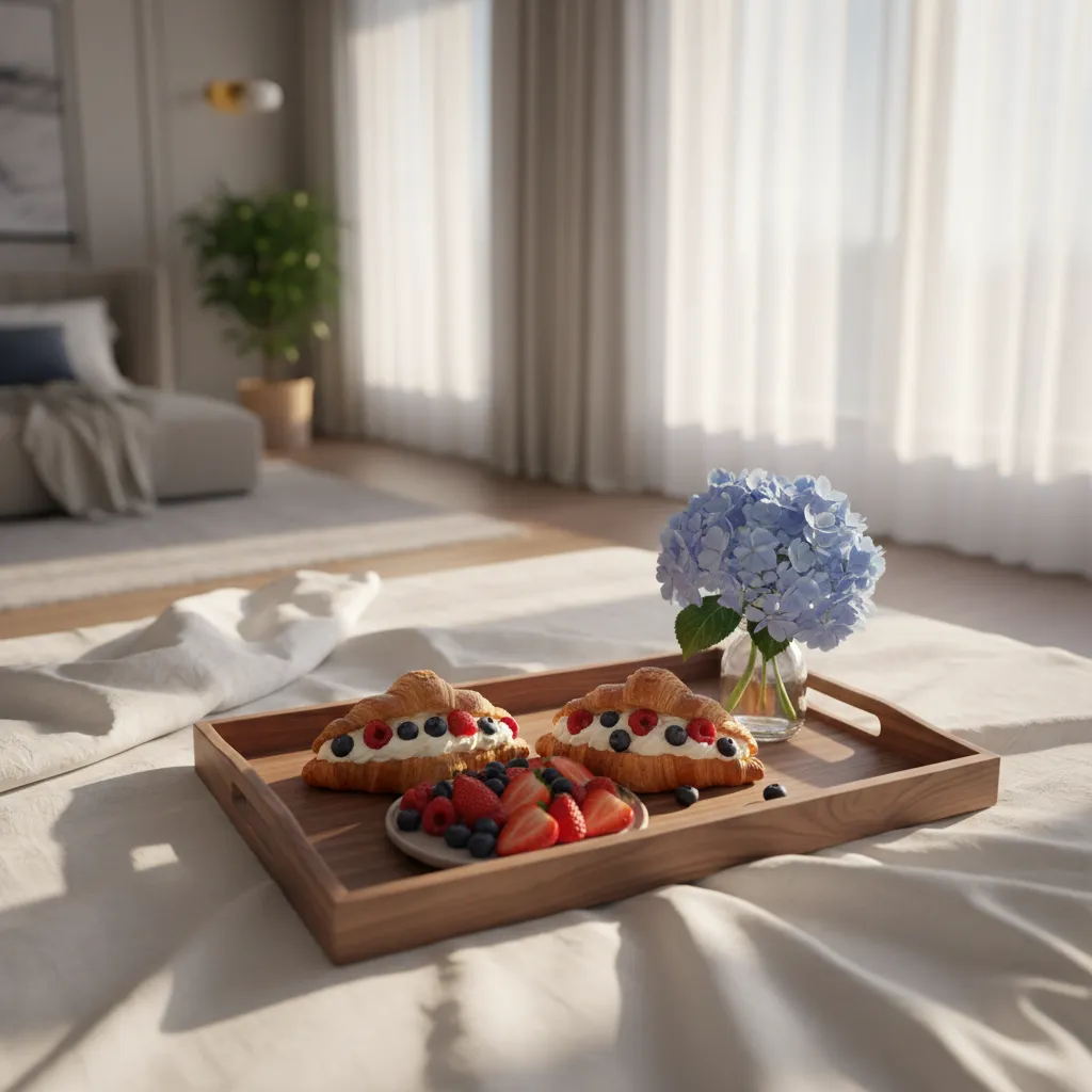 Raw walnut breakfast tray with berry croissants and hydrangeas for Mother's Day morning.