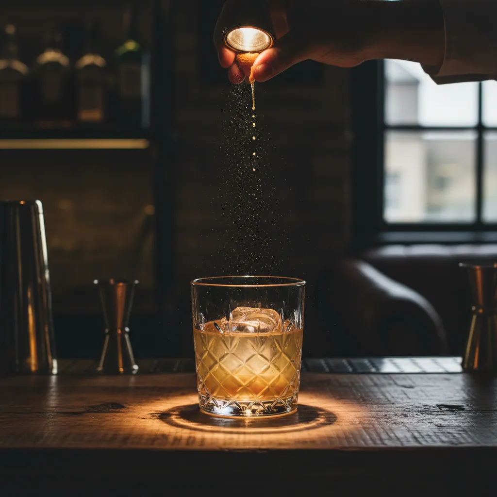 Expressing orange peel oils over a Jameson Old Fashioned